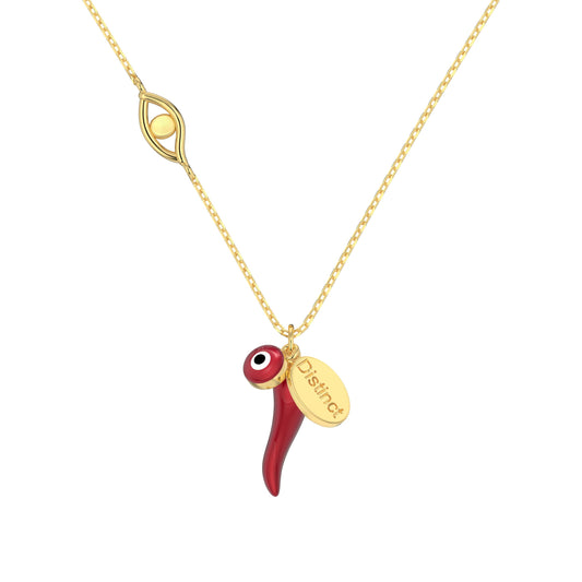 Red Chilli & Evil Eye Pendant Necklace in 18k Gold Plating