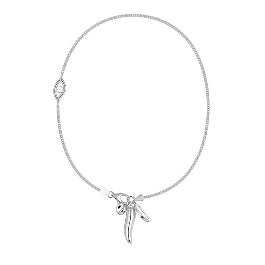 Chilli & Evil Eye Anklet in Rhodium Plating