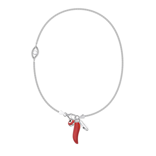 Red Chilli & Evil Eye Anklet in Rhodium Plating